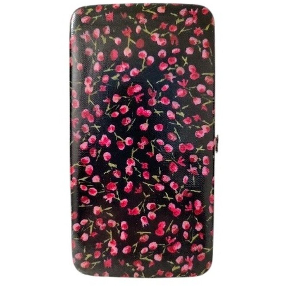 Black Pink Flower Print Sleek Hard Case Wallet Clutch